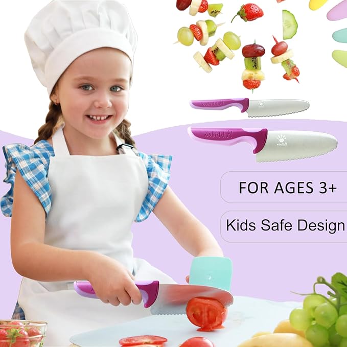 Kibbidea 4 Pcs kids knife set for real cooking, Kids First Cutting Knives Set, Round Tip Kids Friendly Kitchen Knife, BPA-free Stainless Steel Kids Chef Knife to Learn to Cook (Violet)