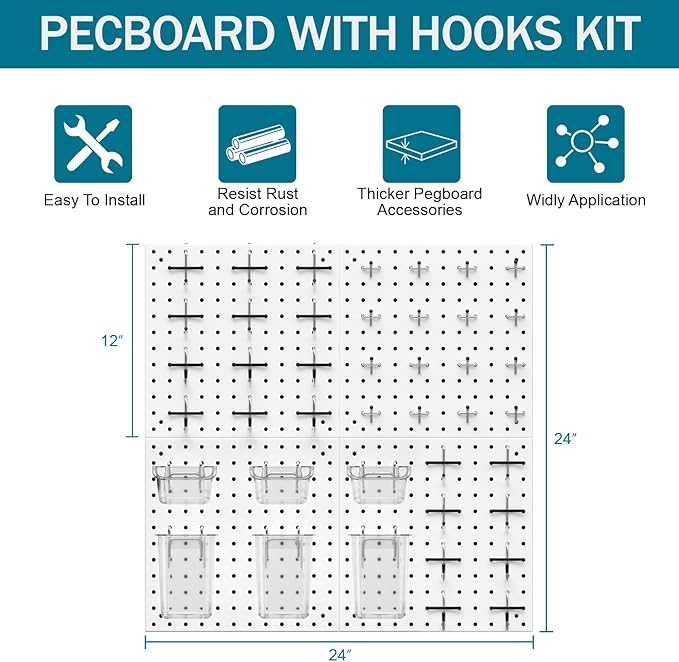 Peg Board Kit, Includes Pegboard and Accessories,with Hooks and Bins,Peg Board Wall Organizer for Office,Ornaments Display,Crafts Organization (66, White)