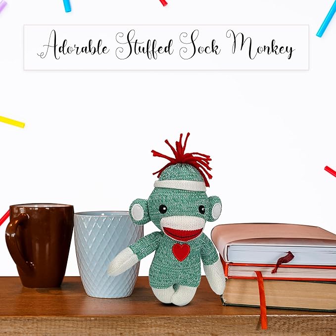 Adorable Sock Monkey 6 Inches, The Original Traditional Hand Knitted Stuffed Animal Toy Gift-for Kids, Babies, Teens, Girls and Boys Baby Doll Present Puppet (Green)