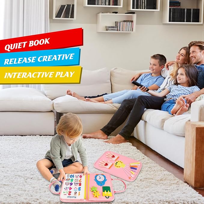 Montessori Busy Board & Busy Book for Toddler – Educational Toys for 3 Year Old Girls, Sensory Activity Board, Fine Motor Skills Learning Gift