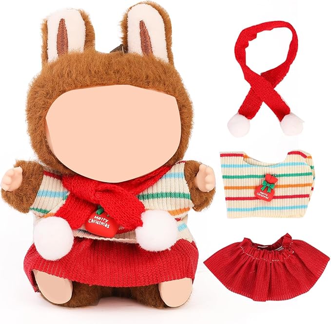 Doll Clothes for Labubu(NO Doll), for 17/15cm Plush Dolls, Clothing Suit Toy Figurine Outfit Set Dress Up with Kawaii Style Accessories, Skirt or Overall and Cute Hat or Headwear (SD7)