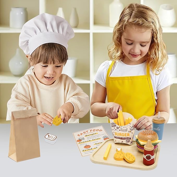 Wooden Play Fast Food Set Play Kitchen Accessories, Pretend Play Food Hamburger French Fries Toy, Restaurant Play Set Role Play Toys for Toddlers,Educational Birthday Gifts for Boys Girls