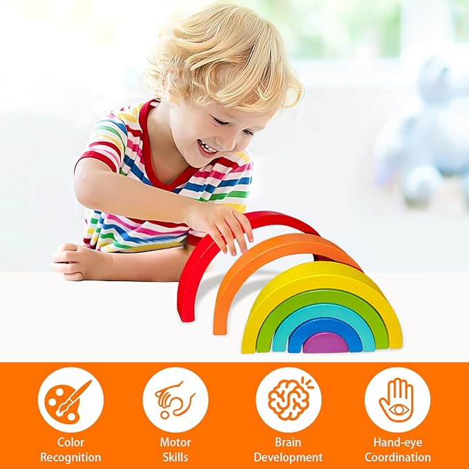 Wooden Rainbow Stacking Toy, Wood Stacker Arch Game, Montessori Arch Bridge Rainbow Building Blocks, Colorful Stacking Blocks Puzzles for Kids 2 3 4 5 Years Old, Rainbow Decor Toys