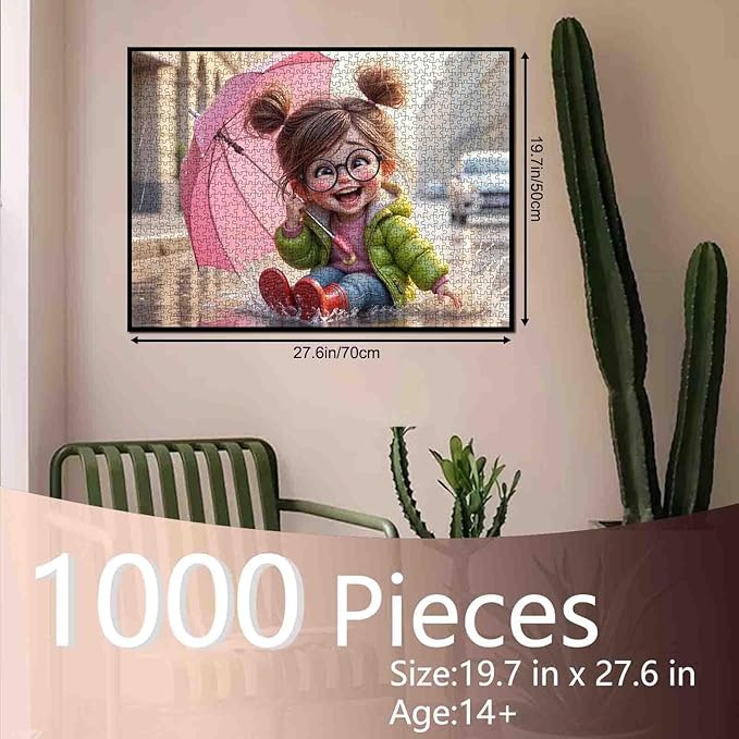Tucocoo Cute Cartoon Jigsaw Puzzle for Adults 1000 Piece, Girl in Rain with Umbrella, Fun Whimsical Rainy Day Scene Puzzles, Colorful and Challenging Puzzle Gift for Adults, Teens, and Puzzle Lovers