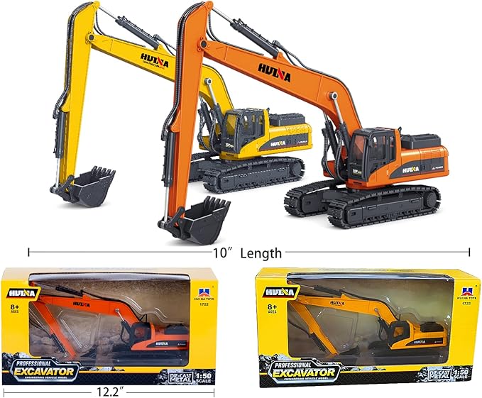Gemini&Genius Long Reach Excavator Toy for Kids, Heavy Duty Construction Vehicle Digger Toys, 360-degree Rotatable Driver's Compartment, Multi-Jointed Movable Tracked Vehicle for Kids Gift (Yellow)