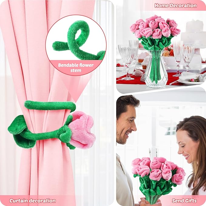 18 Pcs Plush Rose Flower Stuffed Bendable Stems Plush Bouquet Toy Soft Floral 12.6 Inch for Graduation 2025 Mother's Day Valentines Day Girl Girlfriend Wife Family and Friends(Pink Series)