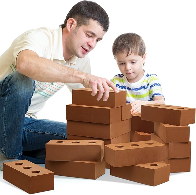 Deekin 20 Pcs Foam Brick Building Blocks for Kids Thick Blocks Foam Large Fake Brick Construction Toy for Stacking Construction, 8 x 4 x 2.4 in (Circle Holes)