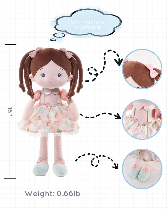 LeyaDoll Soft Baby Doll Toys (16''), My First Baby Rag Doll for 1 Year-Old Girl Birthday Gift, Christmas Plush Toys Gift for Toddler Kids Infants- Meadow Girl