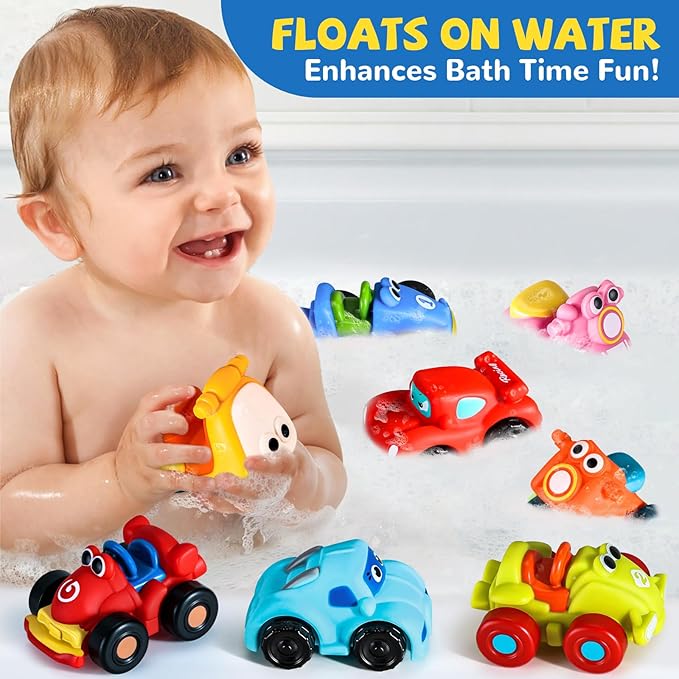 ALASOU 14 PCS Soft Rubber Cartoon Car Toy Set for Boys and Girls |Bath Toys for 1 Year Old Boy Gifts|Pool Cars for Toddlers 1-3|Birthday Party for Baby Kid Age 1 2 3