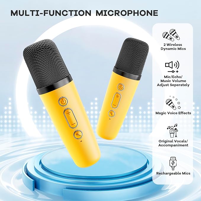 Mini Karaoke Machine for Kids Adults, Portable Bluetooth Speaker with 2 Wireless Microphones, Birthday Gifts Toys for Girls Boys Ages 3, 4, 5, 6, 7, 8, 9,10,11,12+ Years Old Toddler (Yellow)