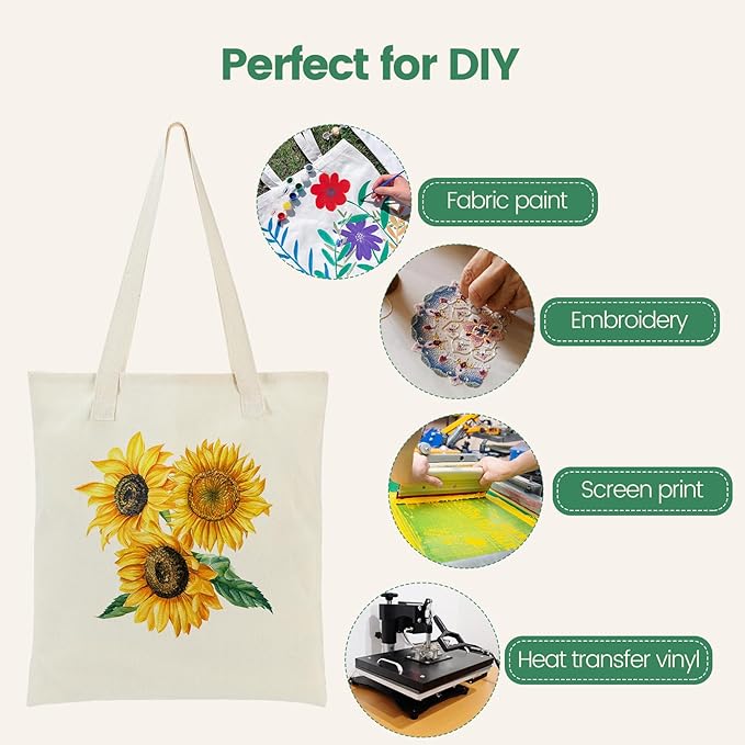 12 Pack Large Canvas Tote Bag - Lightweight Thin Tote Bags Bulk Blank Shopping Reusable Grocery Bags for DIY Gift Sublimation Activity - Beige