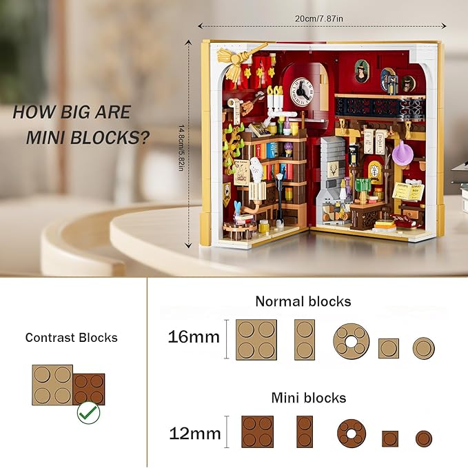 Magic Booknook Building Set with LED Light, 3.6mm Mini DIY Bookend Building Kit for Bookshelf & Home Decor, 1015 PCS Miniature Book Nook Building Block Model for Kids Adults Boys Girls Age 8+