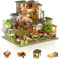 Miniature House Kit, Tiny House Kit with Light, DIY Mini House Building Kits for Adults to Building, Unique Gift for Birthday Christmas, Bamboo Spring Courtyard