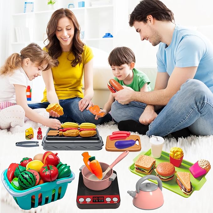 108Pcs Kids Kitchen Toy Accessories, Toddler Pretend BBQ Camping Cooking Playset, Utensils Cookware Toys, Play Food Set, Toy Vegetables, Learning Gift for Girls Boys