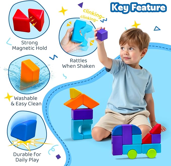 Magnetic Blocks, Large 1.65 inch Magnetic Cubes for Kids, 3D Multi-Shape Building Blocks, Preschool Educational Building Kit, Montessori Sensory Toys for Toddlers 3-5 (19pcs)