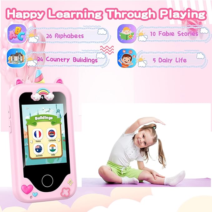 Kids Smart Phone with Dual Camera, Game & Music Player, Toddler Learning Play Toy Cell Phone, Gifts for Girls, Christmas, Birthday, Age 3-10, Light Pink