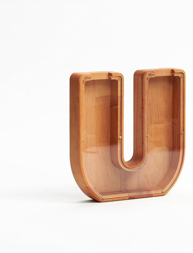 Personalized Wooden Piggy Bank – Custom Letter U Coin Bank in Beech Wood with Clear Acrylic Front, Engraved Name Option, Money Saving Box for Kids and Adults