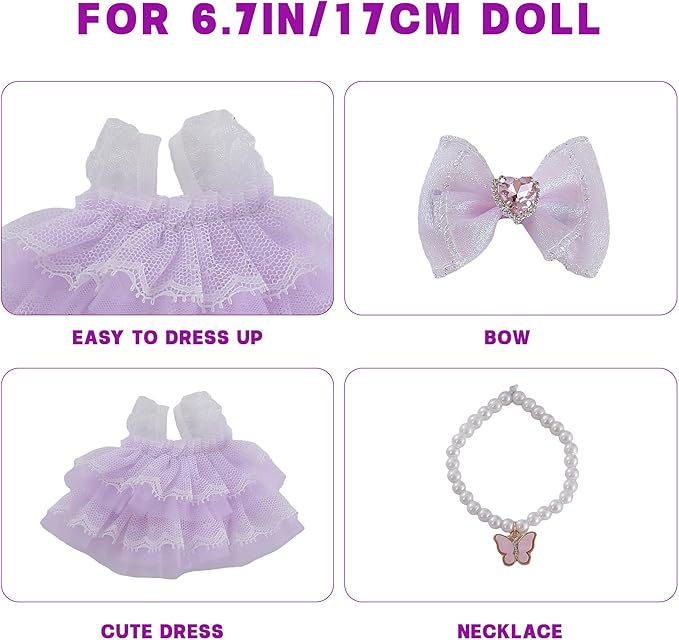 17cm Doll Clothes Set 3-Piece Doll Clothing Set with Purple Dress Necklace and Butterfly Decor Accessories for 17cm Plush Dolls, Clothes Only, No Doll Included