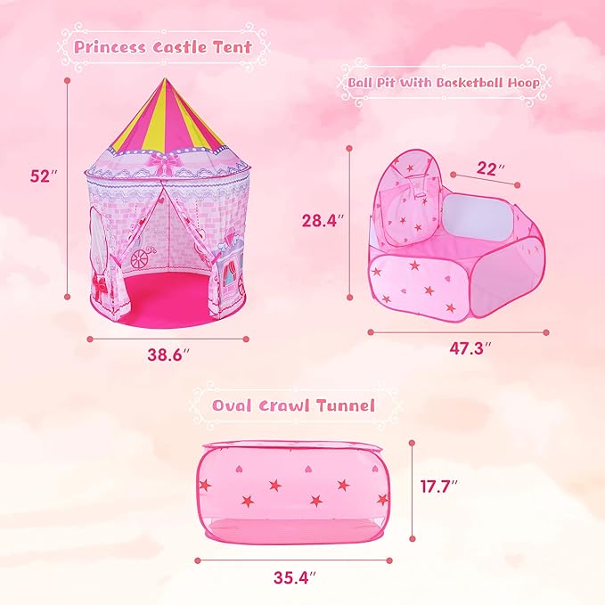 3pc Princess Fairy Tale Kids Play Tent, Cube Crawl Tunnel, Ball Pit for Toddlers, Indoor Outdoor Playhouse Castle Toys, Baby Boys Girls for 3 4 5 6 7 Years Old (Balls Not Included)