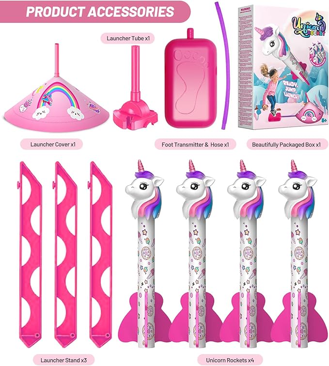 beefunni Unicorn Rocket Launcher for Kids, 4 Unicorns Outdoor Toys for Girls, Christmas Easter Birthday Gifts for Girls Ages 2 3 4 5 6 7 8 Years Old, Fun Indoor Toys for Kids Ages 2-4-6 Years Old