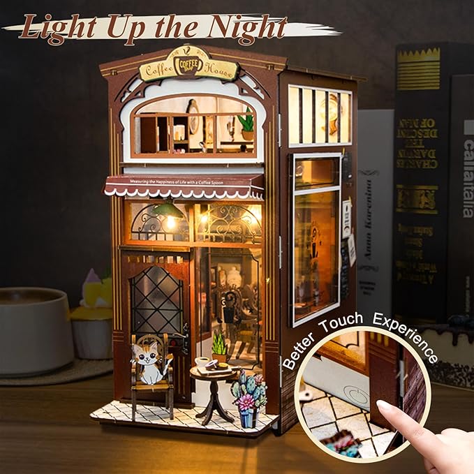 Book Nook Kit Coffee House, DIY Booknooks Kit for Adults Women Girls Teens, Bookshelf Diorama Miniature Scenes Insert Decor with LED Light, Miniature House Kit Wooden Crafts Gifts