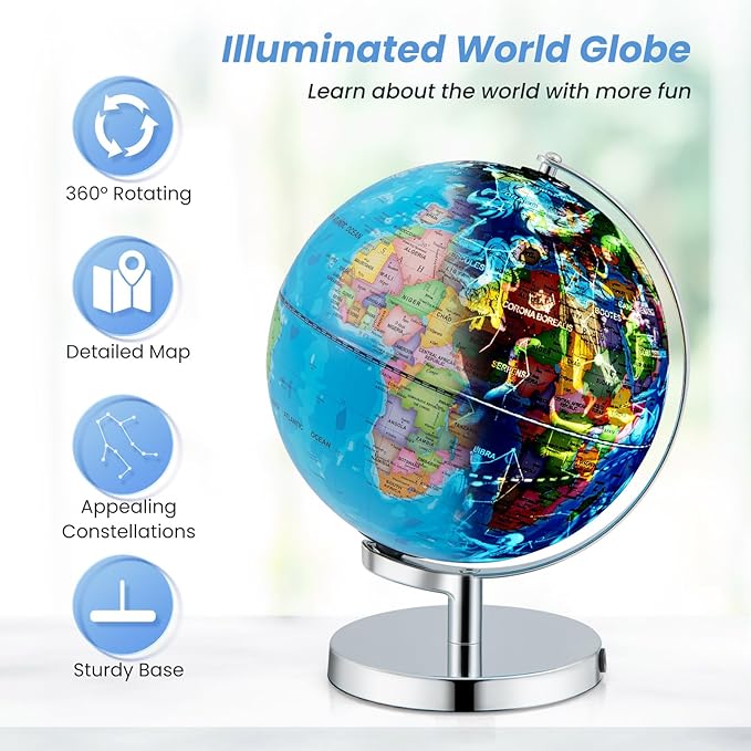 Goplus Illuminated Globes of The World with Stand, 9’’ Rotating 3 in 1 World Globe w/Constellation Stars, LED Night Light, Geography Educational Globe for Classroom, Office, Decorative, Kids Learning