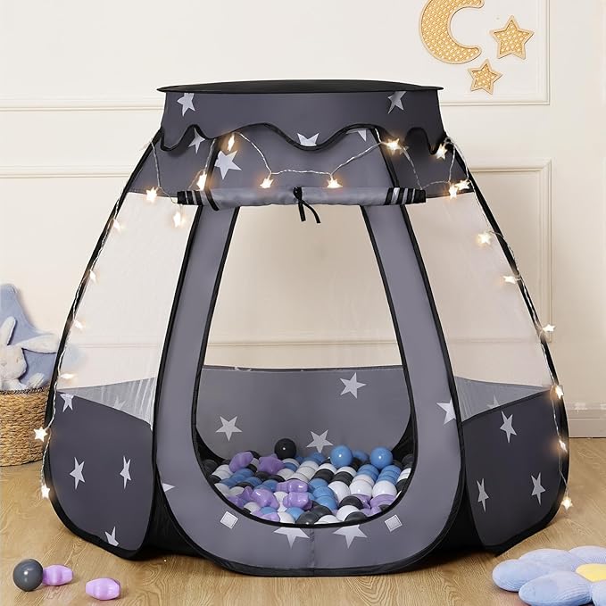 Pop Up Play Tent with Star Light：Neutral Toy for Boy Girl Birthday Gifts, Portable Ball Pit with Outdoor Carry Bag, Collapsible Kids Tent for Toddler Indoor Activity Playhouse,NO Balls(Black)