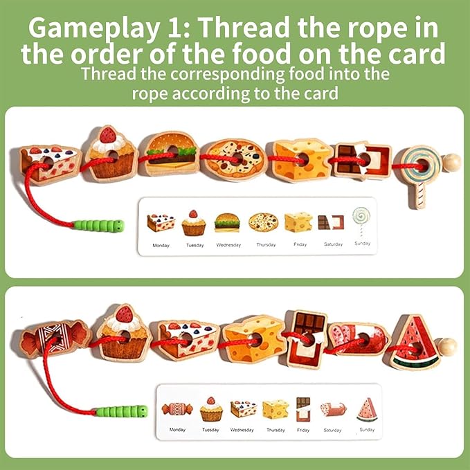 Threa Ding Toys, 2025 New Upgrade Wooden Greedy Cater Pillar Ropeoy, Lacing Beads Wooden2.5in Fruit & Vegetable Toys with Rope, Montessori Fine Motor Skills Farm, Bag for 3+ Year Old