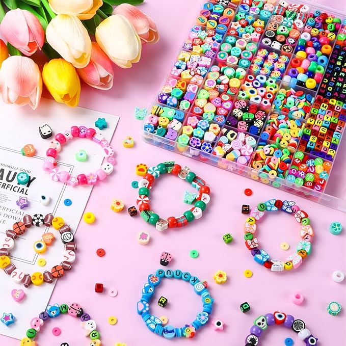 DULEFUN 960pcs Polymer Clay Beads Charms Bracelet Kit 24 Styles Cute Fun Clay Flower Butterfly Heart Animal Letter Pony Beads for Necklace Earring Making Women Girls DIY Accessories