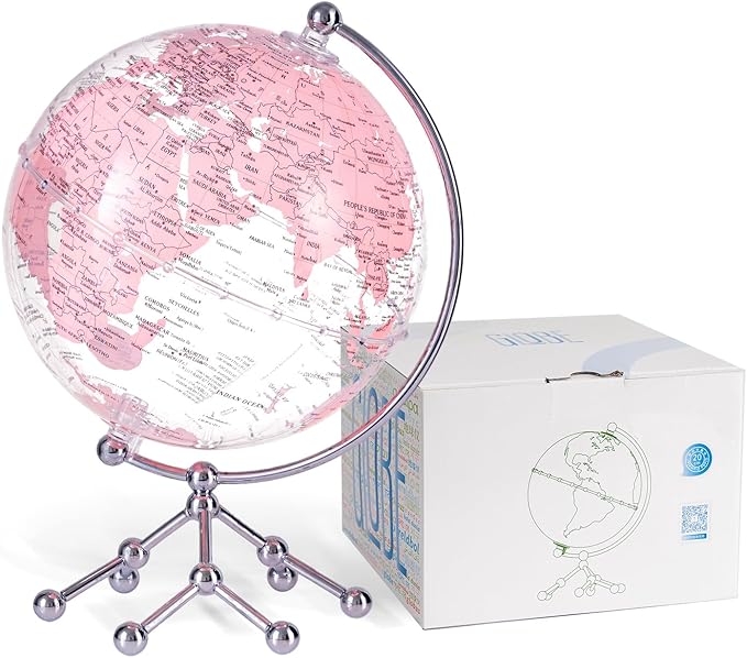 Decorative 8" Pink Earth Globe with Stand – Rotating Desktop Map for Kids, Educational World Globe with Detailed Map for Home, Office, and Classroom