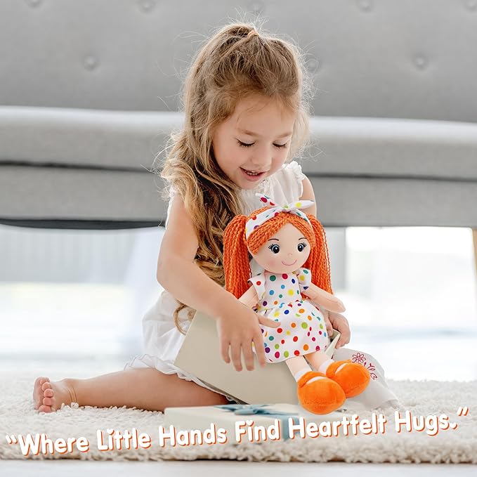 June Garden 14" Snuggle Cuties Bella - Soft Cuddly Plush Doll Gift for Girls - Huggable Rag Doll - Orange M