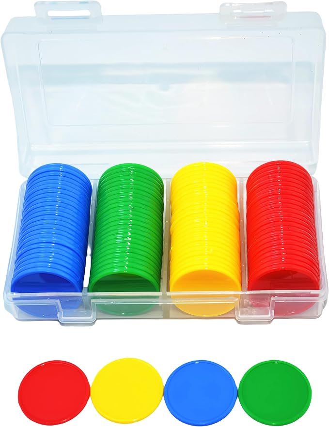 Smartdealspro Set of 100 1 Inch Opaque Plastic Learning Counters Mini Poker Chips Game Tokens with Storage Box (4 Colors-Red,Yellow,Blue,Green)