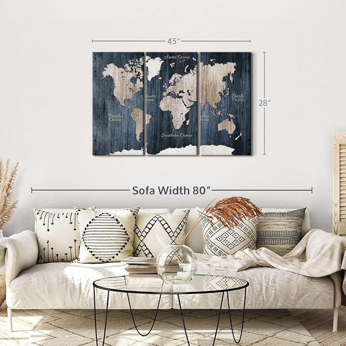 ElephantStock Aged Blue World Map I Canvas - 3 Panel Wall Decor - World Map Digital Art - Blue Wall Art - 45" X 28"