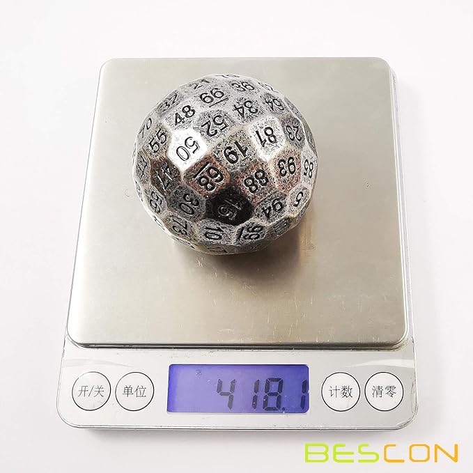 Bescon Solid Metal 100 Sided Dice, Game Dice D100, Giant Polyhedral Metal 100 Sides Dice 50MM in Diameter (1.97in), Ancient Silver