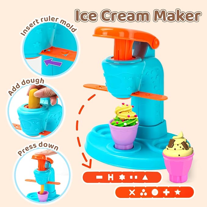 70 PCS 4 in 1 Dough Sets for Kids Ages 3-4-8, Art Crafts Dough Tools Kit, Ice Cream Playset Noodle Hamburger Cake Maker Machine, Kitchen Creations Food Play Toys Toddlers Boy Girl