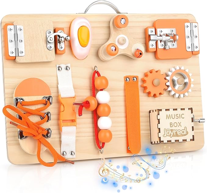 Joyreal Wooden Busy Board for Toddlers - Montessori Sensory Activity Board for Fine Motor Skills, Educational Travel Sensory Toys for Children Toddlers & Kids