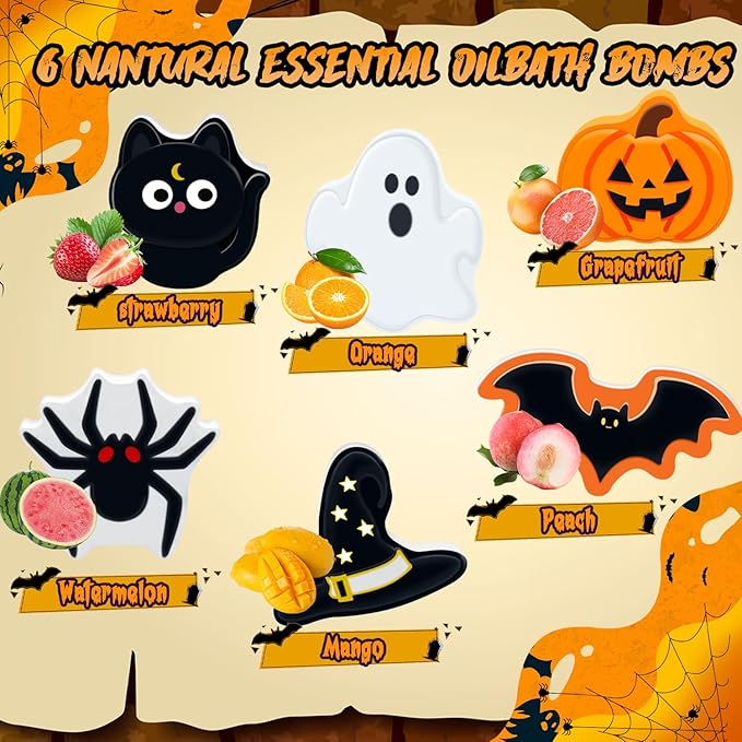 Halloween Bath Bombs Set for Kids, Boo Basket Stuffers for Women, Boys & Girls Spooky Celebration Gift, Handmade 6 Fun Shapes Hallowen Trick o Treat Party Favors for Kids
