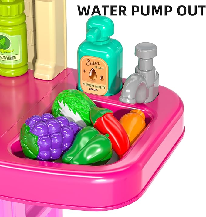 TEMI Pretend Food Kitchen Toys for Girls Age 3 4 5 6 7 8 - Kitchen Accessories Platset with Sound and Light, Cutting Food Toy, Pretend Play for Kids, Indoor Outdoor Cooking Set, Birthday Gifts 8-9