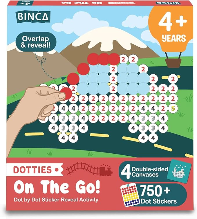 BINCA Dotties Dot Art Activity Kit - On the Go, 750+ Stickers, Vehicles Mess-Free Activities, DIY Dot Sticker Art for Toddlers, Kids Travel Activities, Craft Kits & Gifts for Boys & Girls Ages 4,5,6,7