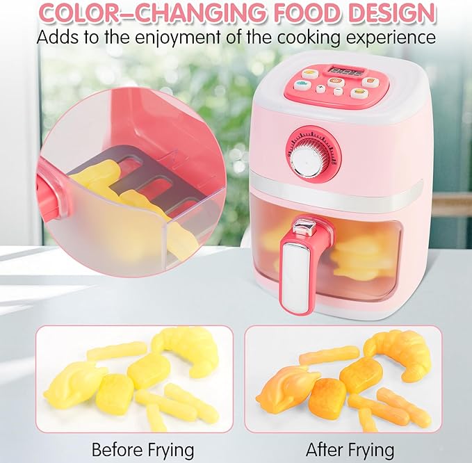 Play Kitchen Accessories, Pretend Kitchen Appliances Set with Toy Air Fryer for Kids with Sound and Lighting, Color-Changing Play Food, Birthday Gift for Boys and Girls Ages 3-5 4-8,Pink