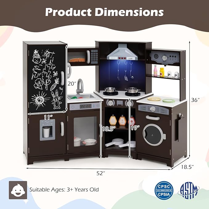 Costzon Corner Play Kitchen w/Lights, Sounds, Large Pretend Play Kitchen Set w/Blackboard, Microwave, Cooking Accessories, Wooden Montessori Sensory Toy for Kids 3+ Years Old (Espresso)