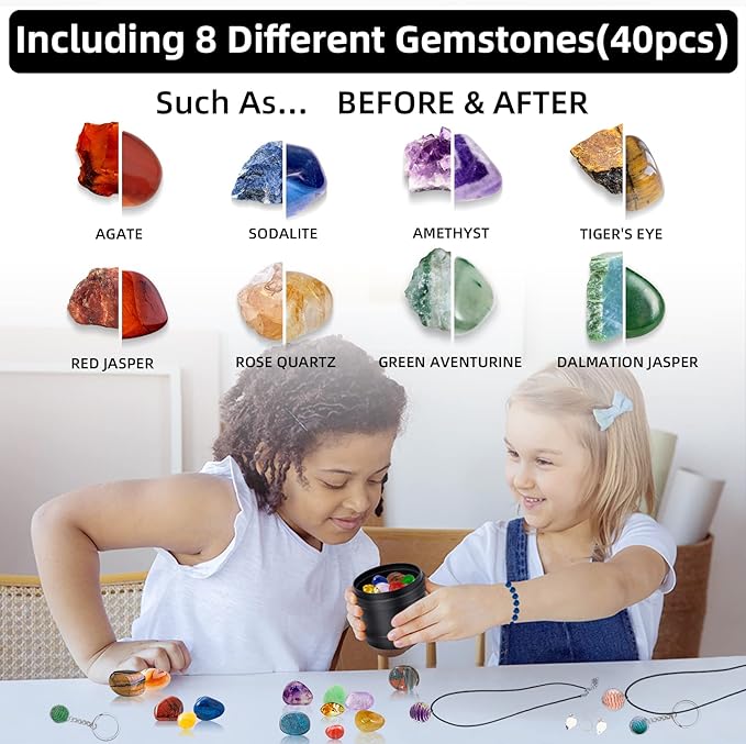 Rock Tumbler Kit Adults - Rock Polisher Tumbler with Noise Reduction Cover, Speed&Timer Control, Includes 4 Polishing Grits, Rough Gemstones, Learning Guide etc., Great Science Gift for All Ages