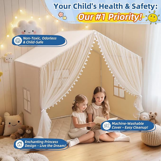 Large Kids Play Tent, 55.1in Length, Fits 3-4 Children,Indoor Playhouse for Kids, with Padded Mat and Lights, Bed Tent for Toddler, Birthday for Boys Girls