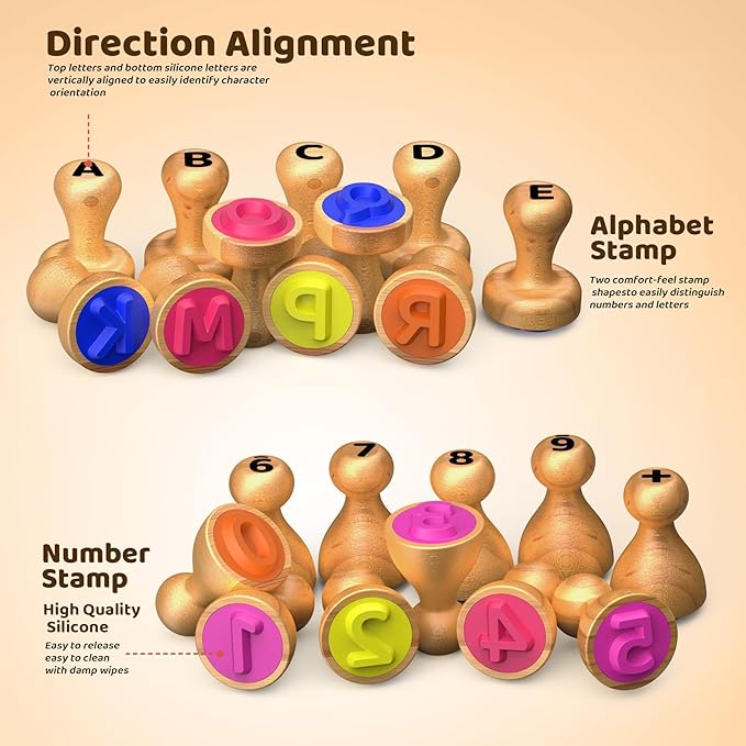 Wooden Alphabet & Number Stamps for Kids, Essential ABC 123 Learning Stampers for Ages 3-5,Montessori Educational Preschool Homeschool Must-Haves Classroom Gift