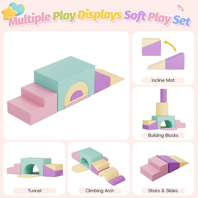MU ‌Soft Climbing Toys for Toddlers, 7-Piece Baby Soft Foam Climbing Blocks, PU Leather Gym Climb and Crawl Activity Play Set, Indoor Climbing Toys for Kids and Children, Pink