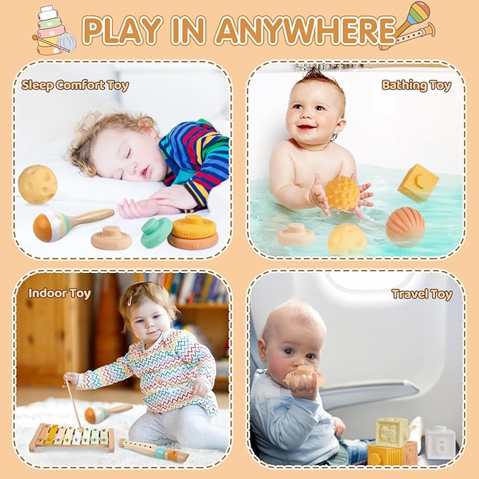 Montessori Toys for 6 Month Old 1+ Year Old 6 in 1 Musical Instruments for Toddler Stacking Blocks Development Learning Educational Toy with Wooden Xylophone for 6 7 8 9 Months Baby Birthday Gift