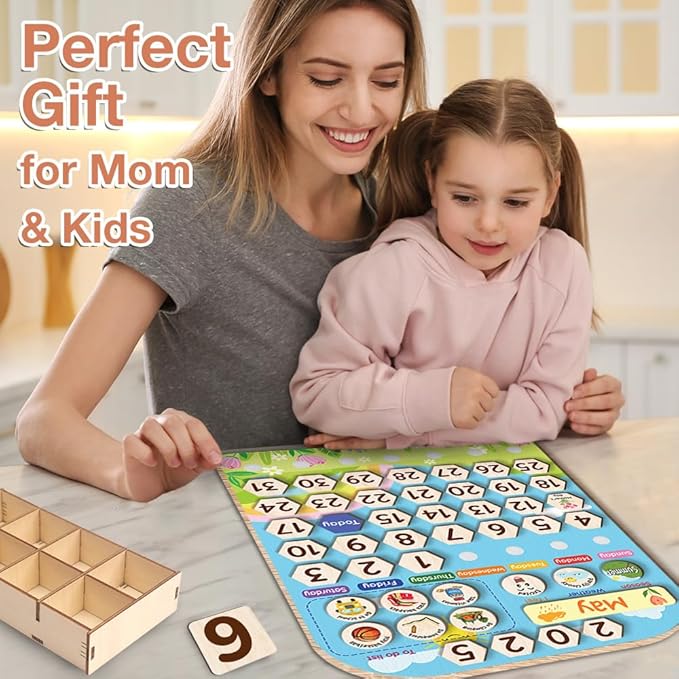 Interactive Calendar for Kids Ages 3+, Wooden Toddler Calendar, Teaching Seasons, Years, Months, Days of Week, Daily Activity Calendars for Kid Preschool & Homeschool (12 x 15 inches)