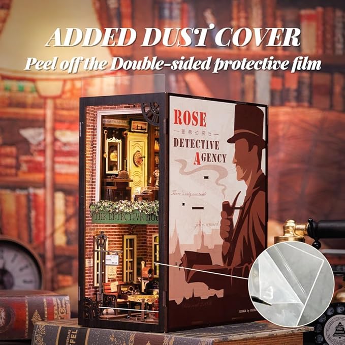 Fsolis Book Nook Kit, DIY Miniature Room House Kit 3D Wooden Puzzle for Adult Decorative Bookend Bookshelf Bookcase Nook Decor Gifts for Women Teens and Book Lovers(Rose Detective Agency)