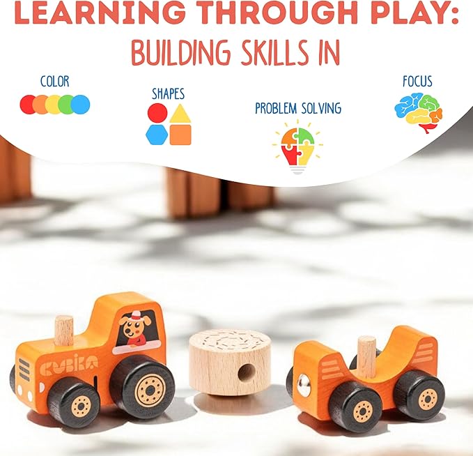 CUBIKA Wooden Toy Tractor – Montessori Toy for Toddlers Ages 3+ – Wooden Tractor with Magnetic Fasteners – FSC-Certified Wood, German Water-Based Paints – Travel-Friendly Fine Motor Toy