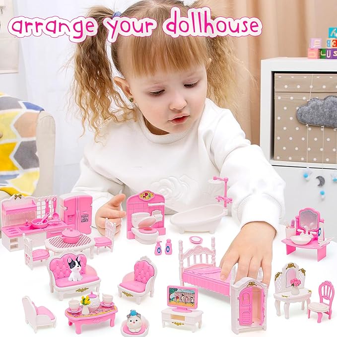 45 Pcs Dollhouse Furniture Set Accessories Doll House Mini Furniture Pretend Play Bedroom Living Room Bathroom Kitchen for Kids Birthday and Christmas Pink